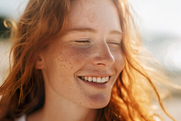 Beautiful smiling Caucasian woman in sunny beach outdoors. - 618588509
