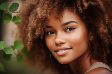 Beautiful smiling African curly woman with glowing skin in sun outdoors.