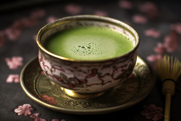 Fototapeta premium Green matcha tea drink on tray, AI Generated