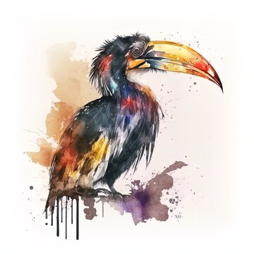 Hornbill painted with watercolors isolated on a white background. Generated by AI.