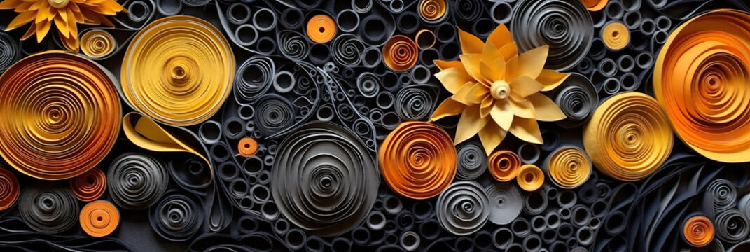 A close up of paper flowers on a wall. Generative AI.