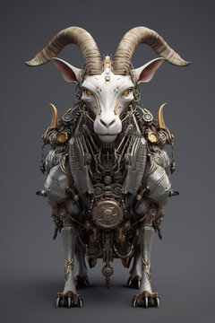 A sculpture of a goat made out of mechanical parts. Generative AI.