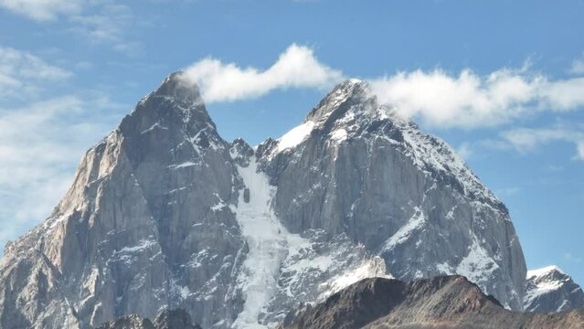 Aerial view of Ushba mountains is one of the most notable peaks of the Caucasus Mountains. It is located in the Svaneti region of Georgia.