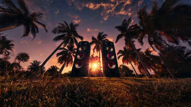 Große Sound Boxen mit Himmel und Palmen für die Party in Freien, ai, generativ, 