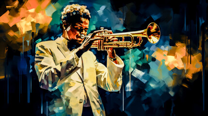 Independent Jazz Musicians Playing Solo Instruments Abstract Illustration and Painting Digital Art Generative AI KI Wallpaper Background Backdrop - obrazy, fototapety, plakaty