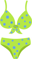 Women is fashionable swimsuit with high-waisted panties and a bra with straps. Stylish women's swimsuit in green with polka dots,highlighted on a white background. Vector illustration of beachwear.