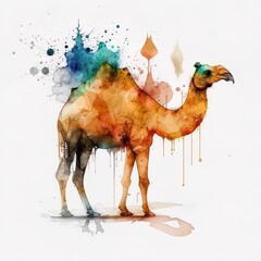 camel drawn with watercolors isolated on white background. Generated by AI.