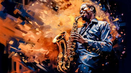 Obraz premium Independent Jazz Musicians Playing Solo Instruments Abstract Illustration and Painting Digital Art Generative AI KI Wallpaper Background Backdrop 