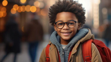 Obraz premium Smiling african american school boy with backpack looking at camera. Happy boy portrait at city street. Created with Generative ai