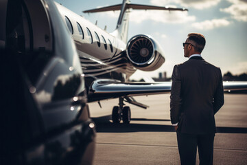 Confident businessman in suit stands next to luxury private jet. Concept of wealth and success. Created with Generative AI - obrazy, fototapety, plakaty