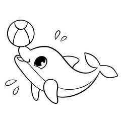 Dolphin with ball coloring book for kids. Coloring page. Monochrome black and white illustration. Vector children's illustration.