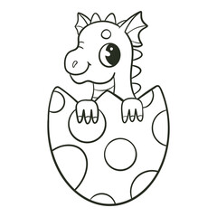 Dragon in the egg coloring book for kids. Coloring page. Monochrome black and white illustration. Vector children's illustration.