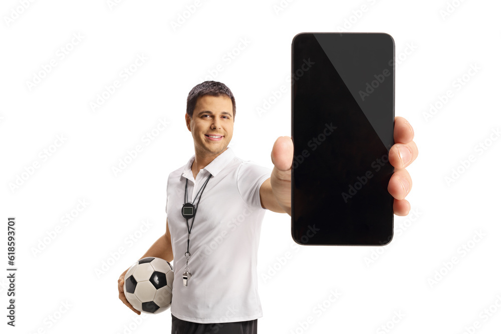 Sticker Football coach holding a ball and showing a smartphone