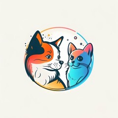 Logo vector art minimalism clean SVG cat and dog lively bright colors lively and cute cartoon illustration on white background 