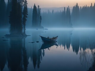 Baikal in  the morning, light is lingering, the mist is like gauze, the shadow of the trees is reflected, the scenery is pleasant, a boat paddling on the lake, taking real photos, 8k