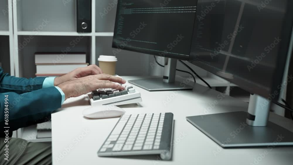Poster Asian IT Programmer Working on Desktop Computer. Male Specialist Creating Innovative Software. Engineer Developing App, Program.