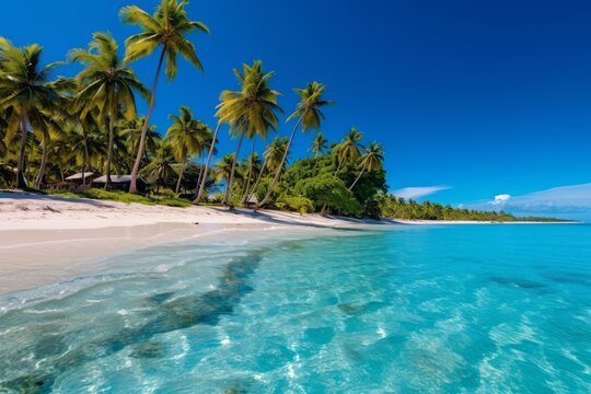 Vibrant image of a tropical island with lush palm trees, white sandy beaches, and clear blue skies, representing paradise and relaxation. Generative AI