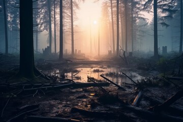 An impactful image showcasing the devastating effects of pollution on a forest landscape, with dead trees and smog-filled air. Generative Ai