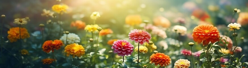 Beautiful multicolored Zinnia flowers bloom during spring and summer in a sunny garden, illuminated by sunlight in the great outdoors. Ultra-wide banner format. Made with Generative AI technology