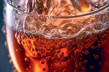 A close-up shot of condensation forming on an ice-cold glass of soda, highlighting the refreshing nature of the drink. Generative AI