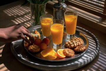 A morning routine scene with a tray of breakfast items, featuring a prominently placed glass of orange juice, showcasing its role as a vital part of a well-balanced meal. Generative Ai