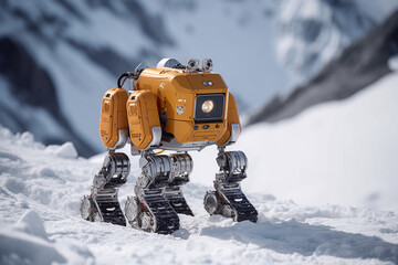 Fototapeta Futurystyczny żółty robot badający na śniegu obraz