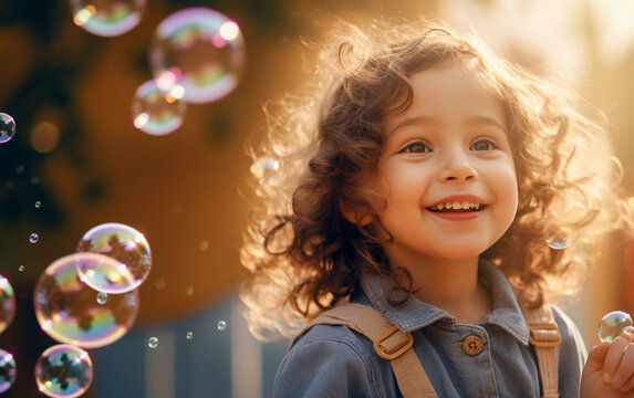 A cute and smiling child blows soap bubbles. Happy and smiling