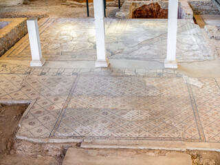 Mosaic of geometric motifs in the House of Hippolytus, one of the most important remains within the archaeological site of Complutum, a Roman City located in Alcala de Henares, Madrid, Spain.