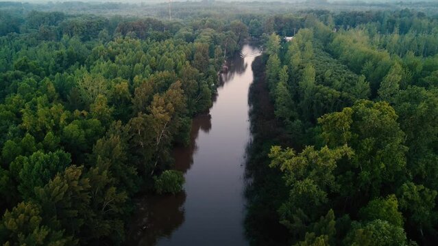 Aerial view of a stream of the Argentinian Parana River Delta where a boat passes.
