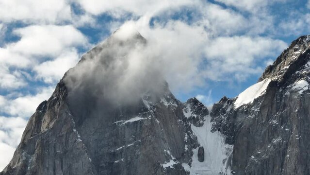 Aerial view of Ushba mountains is one of the most notable peaks of the Caucasus Mountains. It is located in the Svaneti region of Georgia.