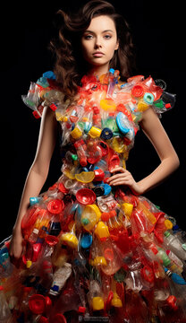 A woman in a dress made of plastic bottles. Generative AI. Upcycled party dress made from disposable plastic.