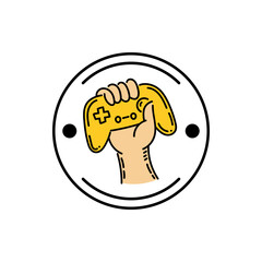 Hand holding video game joystick controller icon illustration. Gamer e-sport logo design hand drawn cartoon vector