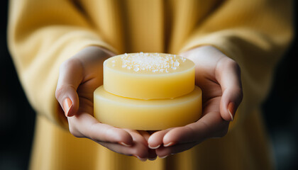Photography woman holding round shaped soaps in her hands