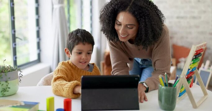 Mom, high five or child with tablet for elearning education, development growth or homework success. Family, happy mother or school kid with motivation, support or teaching for an online project