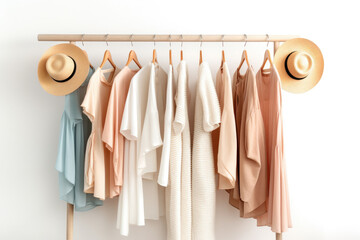 A rack of woman's clothing and hats isolated on a white background