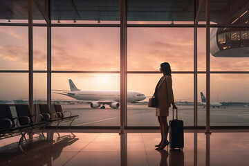 Young woman at the airport window looking to the planes - obrazy, fototapety, plakaty
