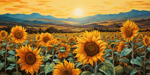 Fototapeta premium AI Generated. AI Generative. Retro illustration of sunflower sun flower field landscape. Nature outdoor farm harvest plant vibe. Graphic Art