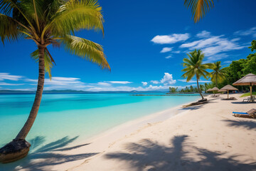 Obraz na płótnie Canvas Umbrellas and chaise longues perfect beach with blue transparent sea