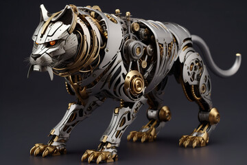 A sculpture of a tiger made out of gears. Generative AI.