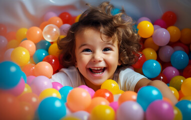 Cute and smiling child has fun and jumps into the tub full of colorful balls. Happy and smiling - obrazy, fototapety, plakaty