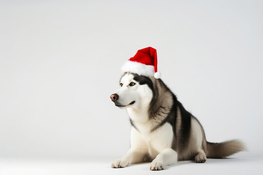 Cute husky dog in santa hat on white background. Merry Christmas concept. Generative AI