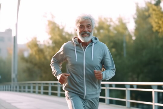 Full-length photo of a senior man in sportswear jogging running outside in a city park. Healthy active lifestyle on retirement and sport outdoor concept