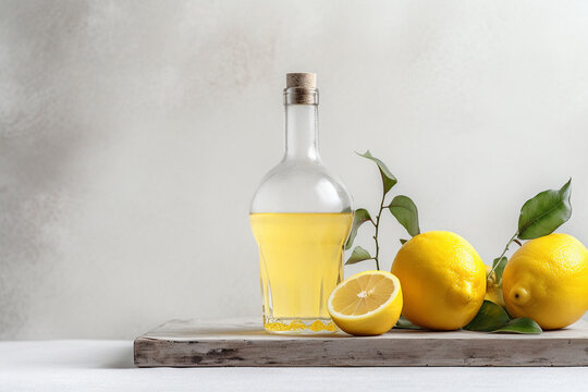 A bottle of limoncello and lemon on light rustic background. Lemon liqueur. Generative AI