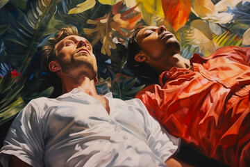 Beautiful couple resting, surronded by tropical leaves. 