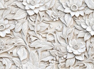Patterns on the ceiling gypsum sheets of white flowers, plaster background - floral pattern, seamless pattern. Created with Generative AI technology. - obrazy, fototapety, plakaty