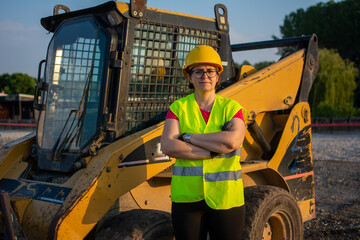 cheerful female excavator operator on construction site. Woman construction apprentice learning to...