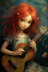 Obraz na płótnie Canvas A whimsical girl with red hair playing guitar