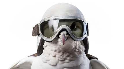 Dove with old airplane pilot helmet. Generative AI.