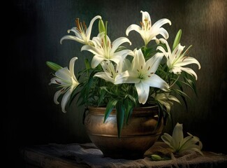 Blooming lilies. Lilium longiflorum, often called the Easter lily, is a plant endemic to both. Created with Generative AI technology.