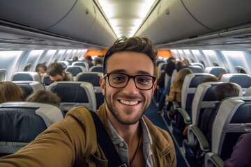 A handsome man taking a selfie with a mobile phone on board of plane. Smiling people having fun flying during the time on the airplane. Concept of happiness on airplane